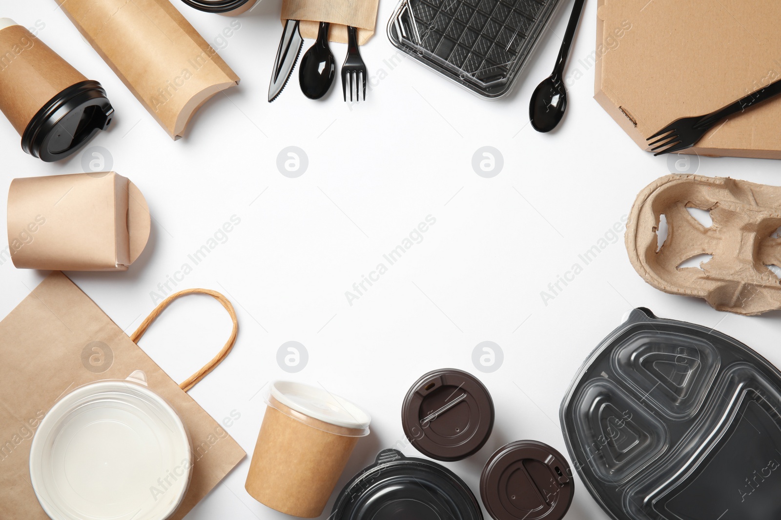 Photo of Frame of different takeout containers and space for text on white background, top view. Food delivery service