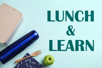 Lunch and Learn concept. Flat lay composition with thermos and apple on light blue background