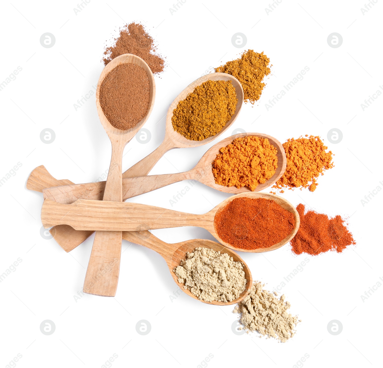 Photo of Wooden spoons with different spices on white background, top view