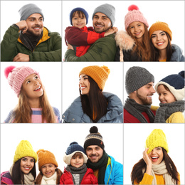 Image of Collage with photos of people wearing warm clothes on white background. Winter vacation