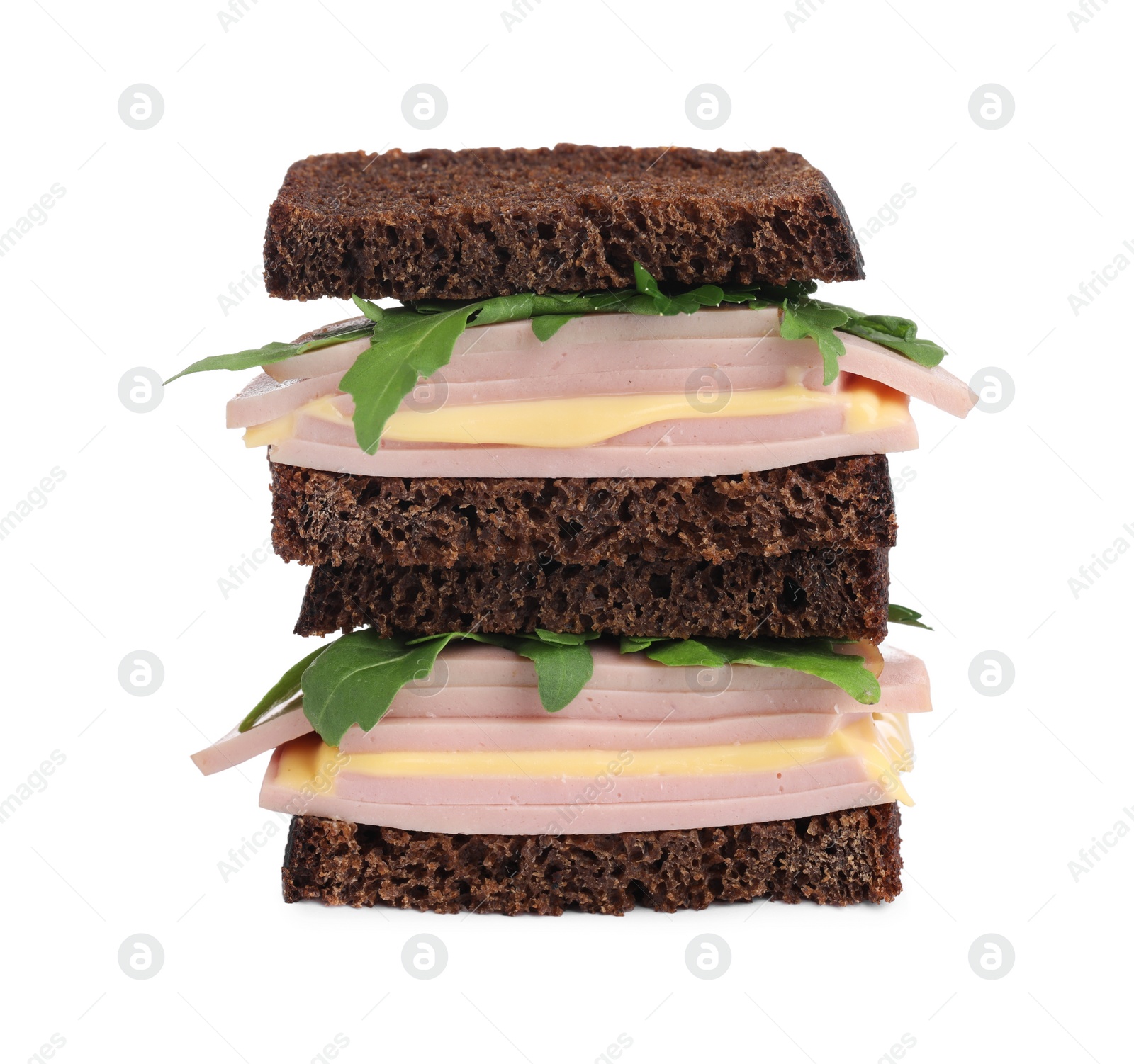 Photo of Delicious sandwiches with boiled sausage, cheese and arugula isolated on white