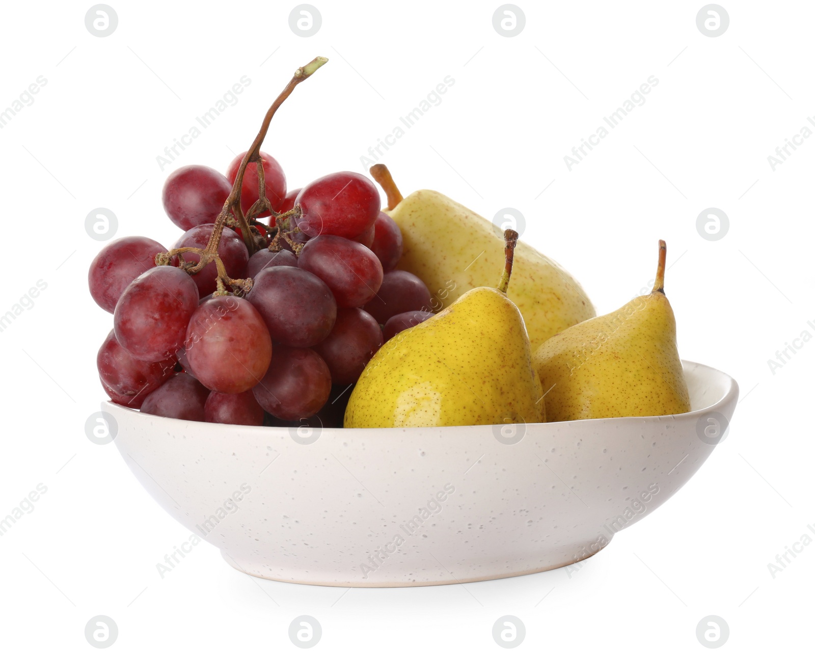 Photo of Fresh ripe pears and grapes in bowl on white background