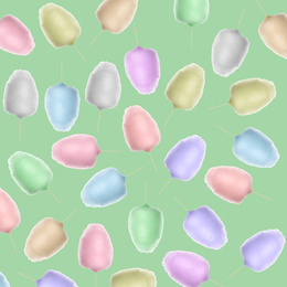 Collage with cotton candy on pale green background, pattern design