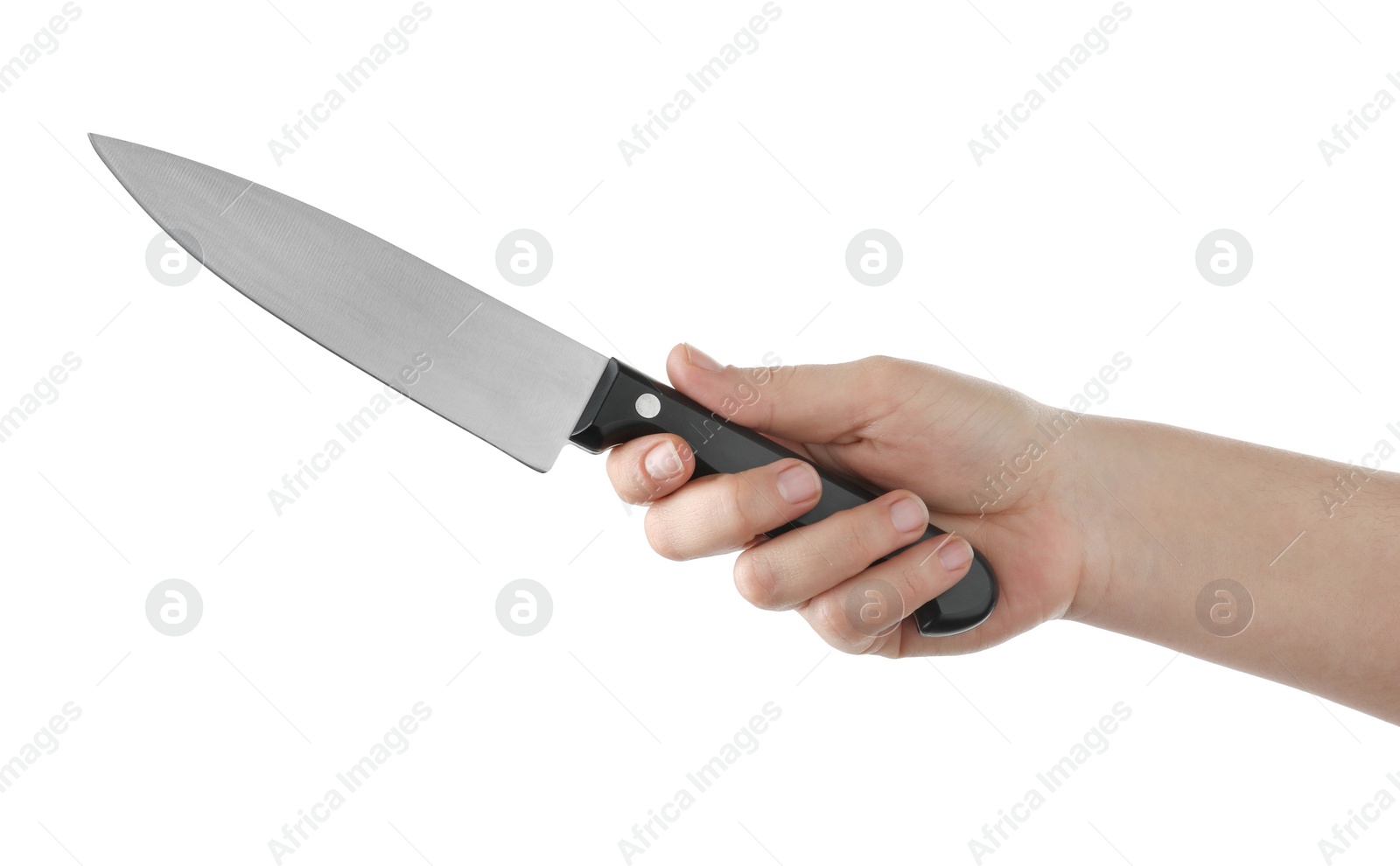 Photo of Woman holding knife on white background, closeup