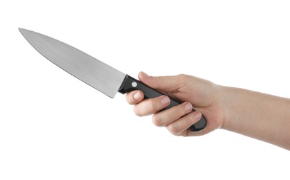 Photo of Woman holding knife on white background, closeup