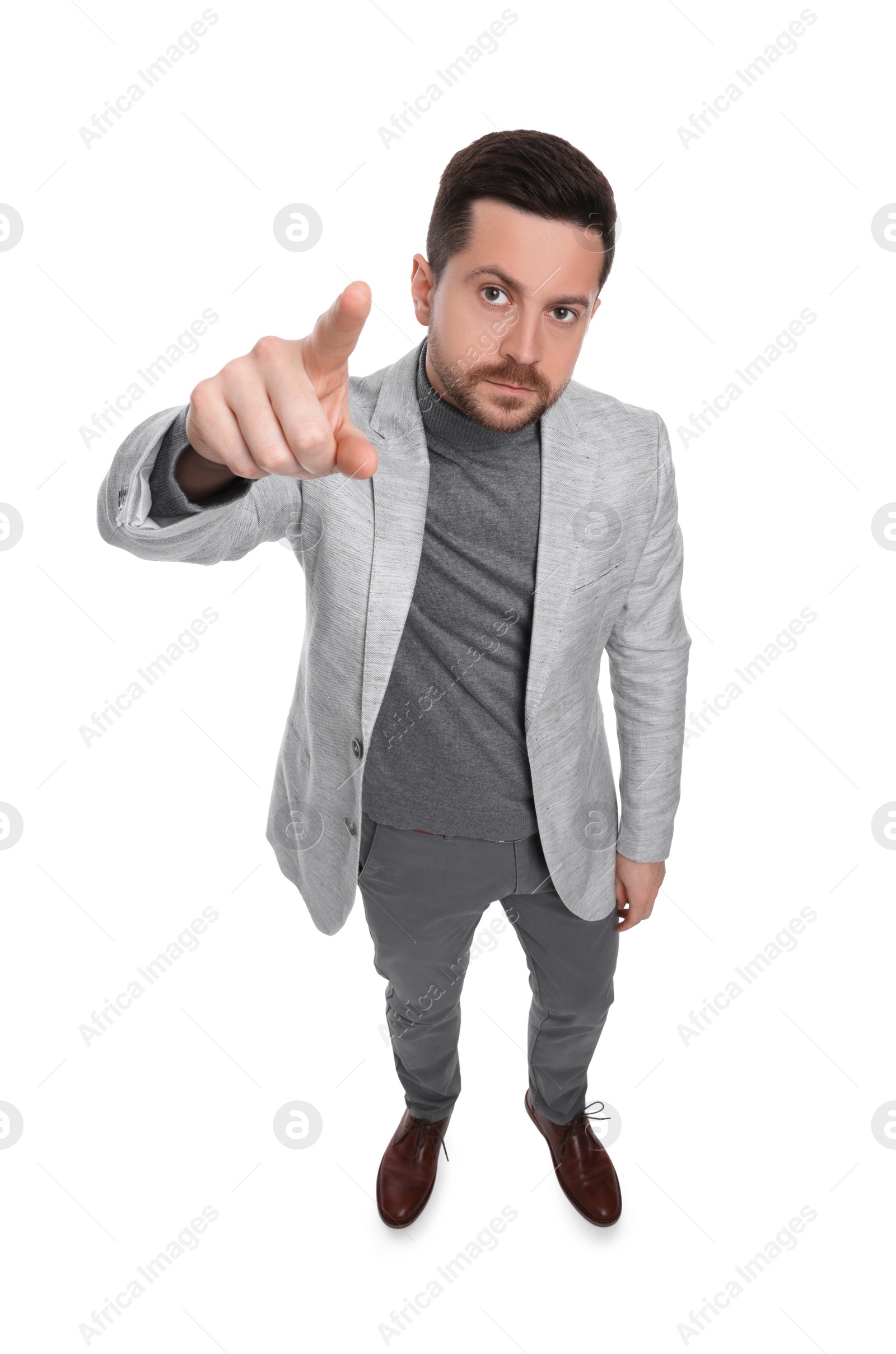 Photo of Handsome bearded businessman in suit on white background, above view