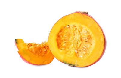 Photo of Slices of ripe pumpkin on white background
