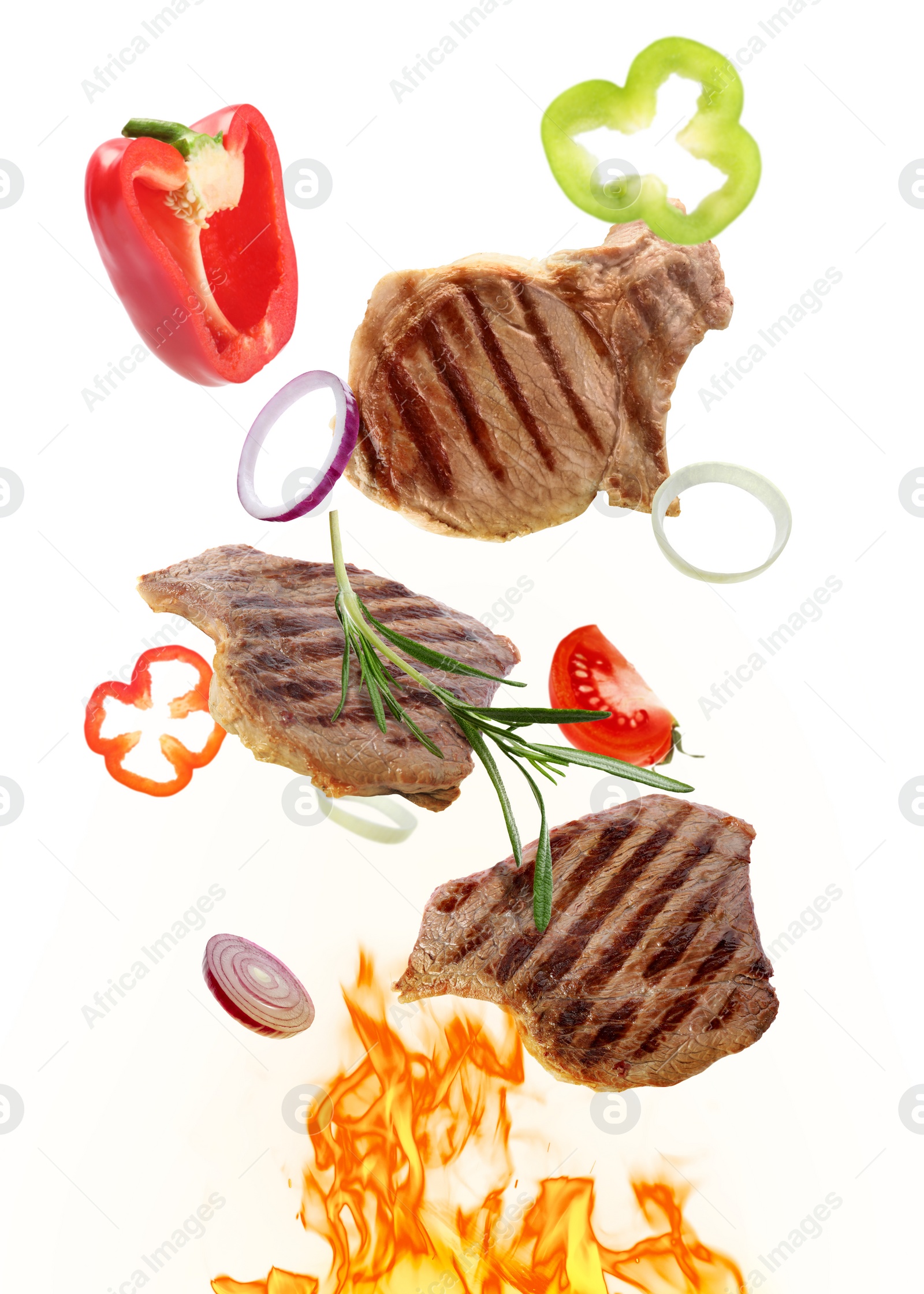 Image of Tasty grilled meat, different vegetables and fire flame on white background