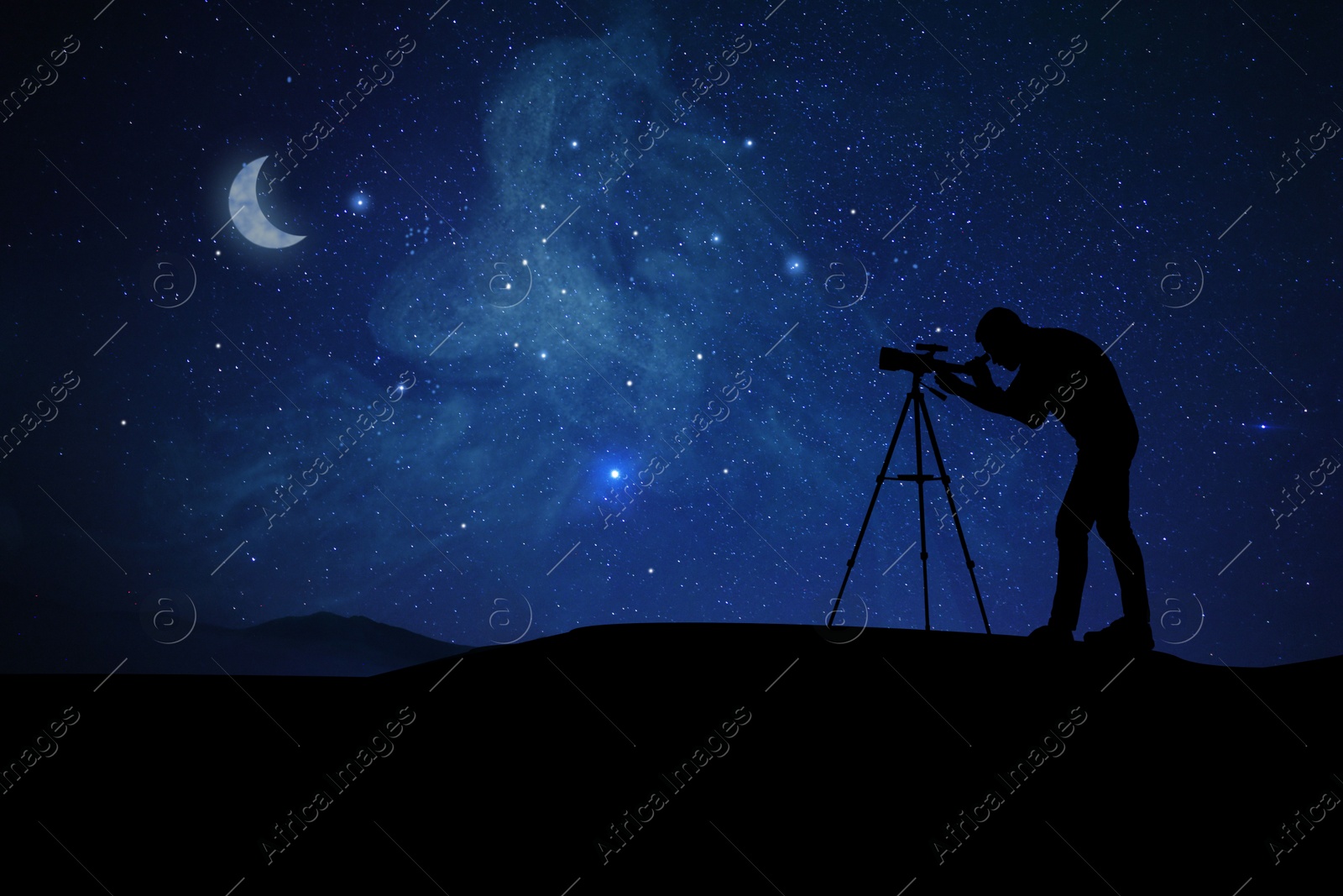 Image of Astronomer looking at starry sky through telescope outdoors. Space for text