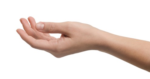 Woman holding something in hand on white background, closeup