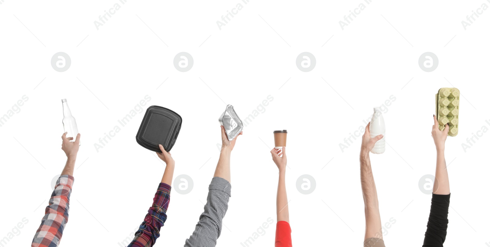 Photo of People holding different garbage on white background. Waste recycling concept