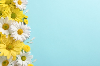 Photo of Beautiful chamomile flowers on color background, flat lay with space for text