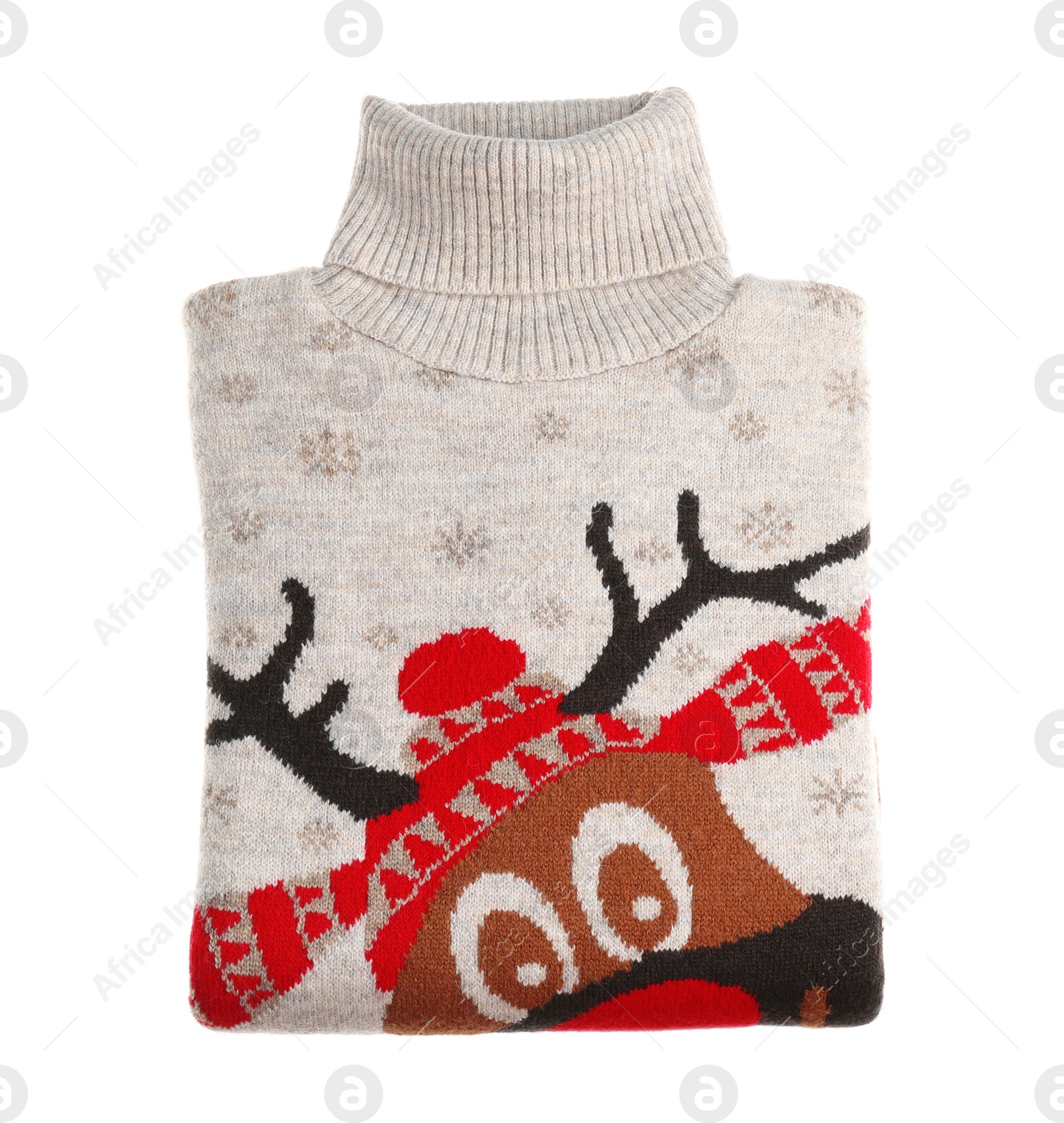 Photo of Folded warm Christmas sweater with deer isolated on white, top view