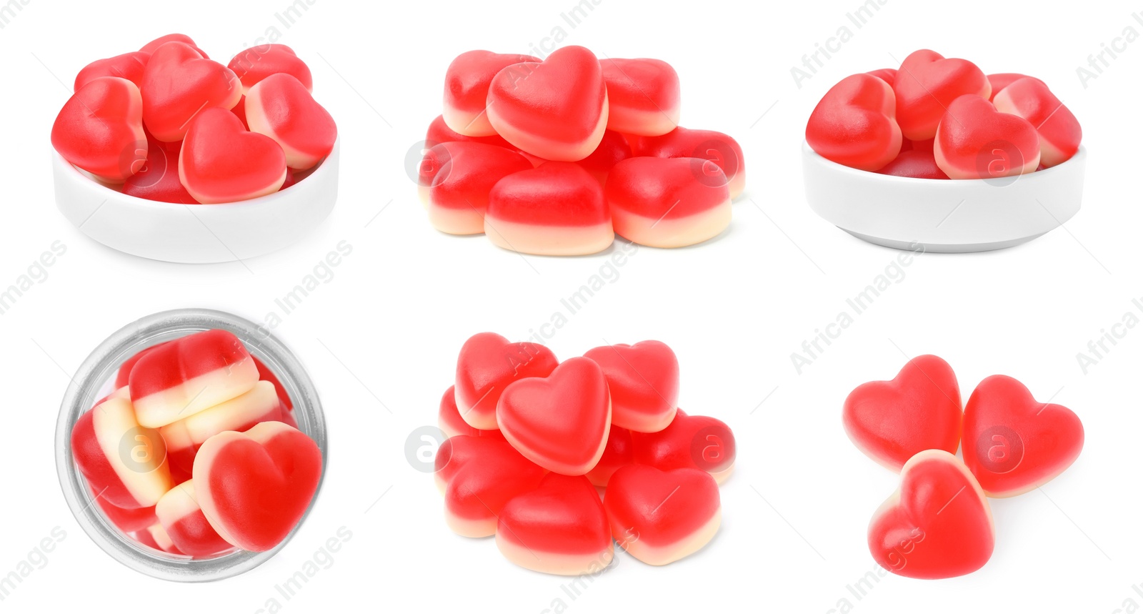 Image of Set with heart-shaped chewy candies isolated on white