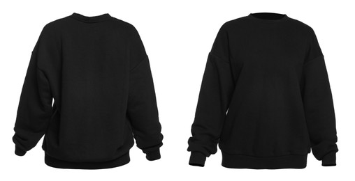 Black sweater isolated on white, back and front. Mockup for design