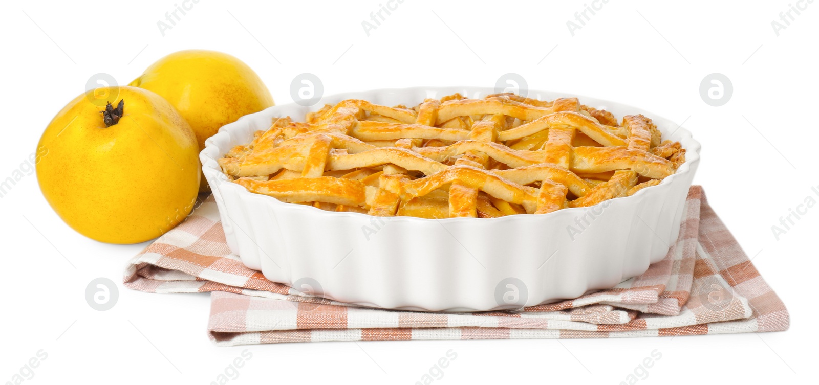 Photo of Tasty homemade quince pie and fresh fruits isolated on white