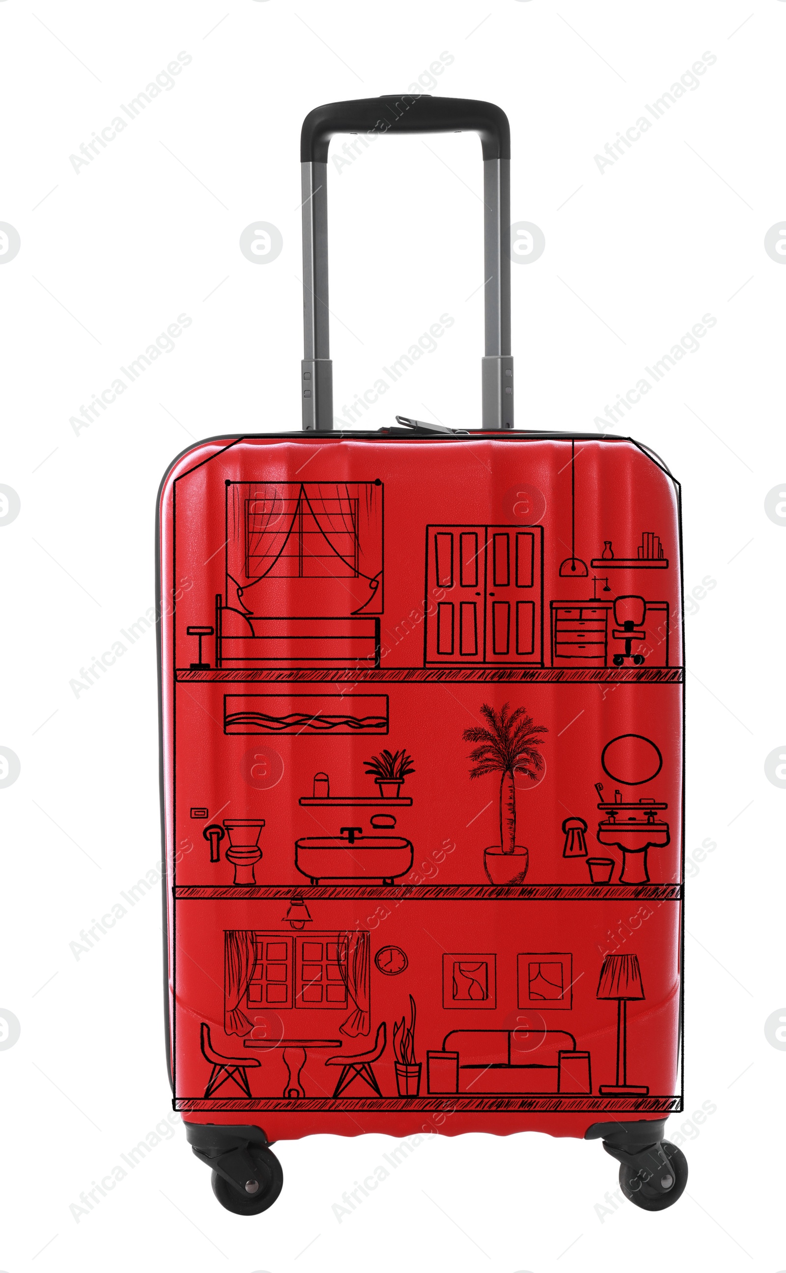 Image of Red suitcase with drawing of house on white background. Moving concept