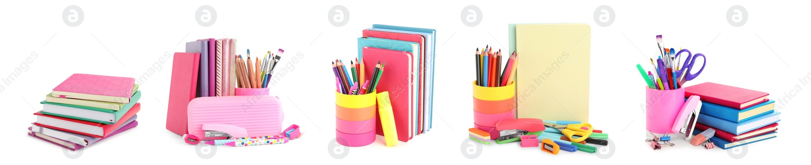 Image of Set of bright school stationery on white background, banner design