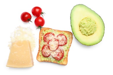 Photo of Tasty toast with avocado spread, tomato and cheese on white background, top view