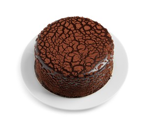 Delicious chocolate truffle cake isolated on white