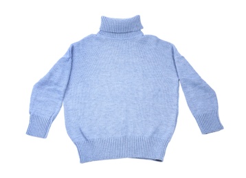 Photo of Blue turtleneck sweater isolated on white, top view
