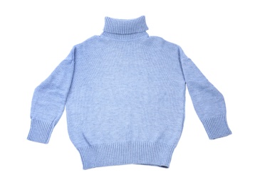 Blue turtleneck sweater isolated on white, top view