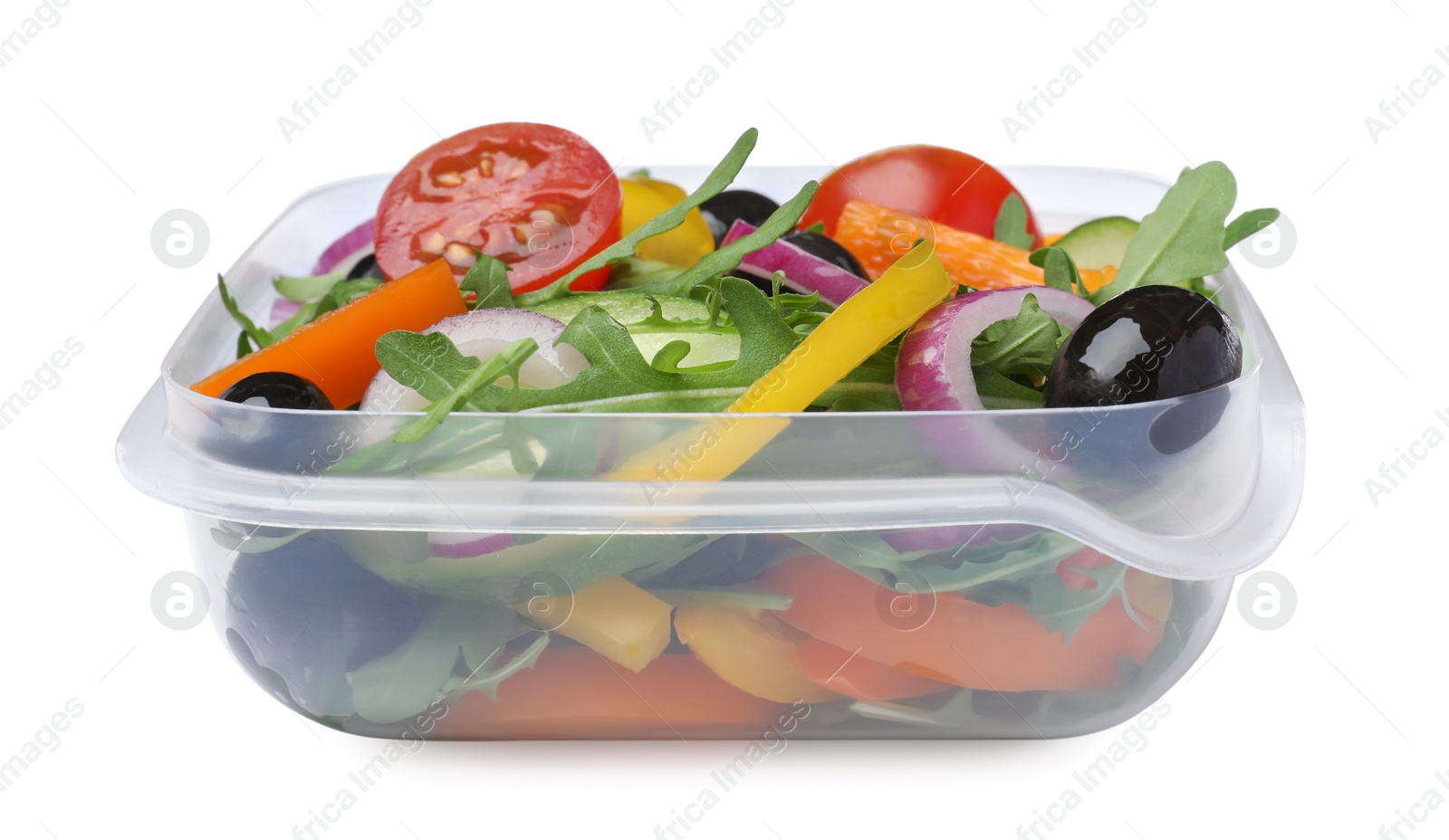 Photo of Tasty vegetable salad with olives in plastic container isolated on white