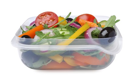 Photo of Tasty vegetable salad with olives in plastic container isolated on white