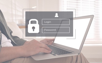 Image of Privacy protection. Man using laptop at home, closeup. Digital login interface
