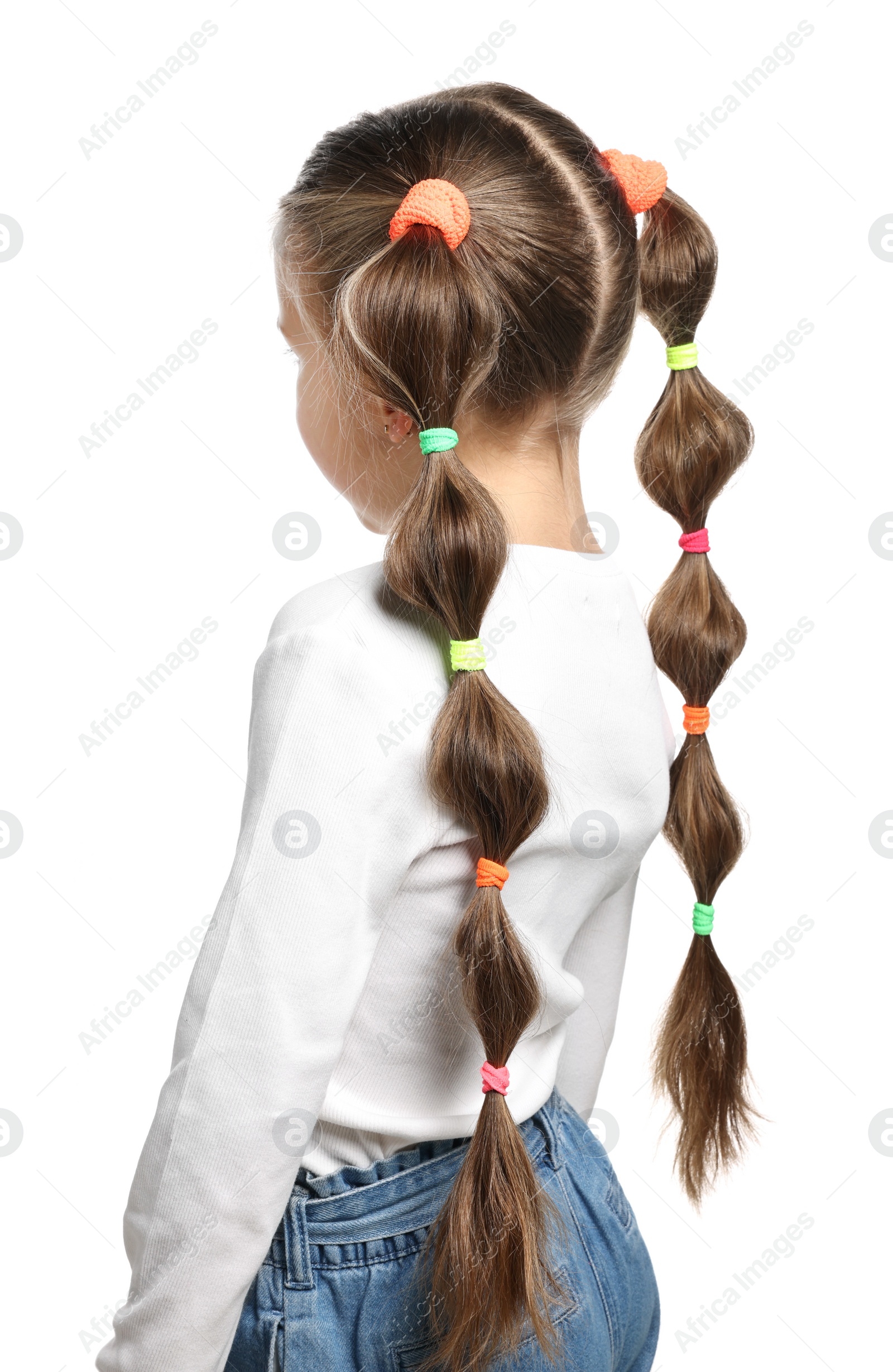 Photo of Little girl with beautiful hairstyle on white background, back view