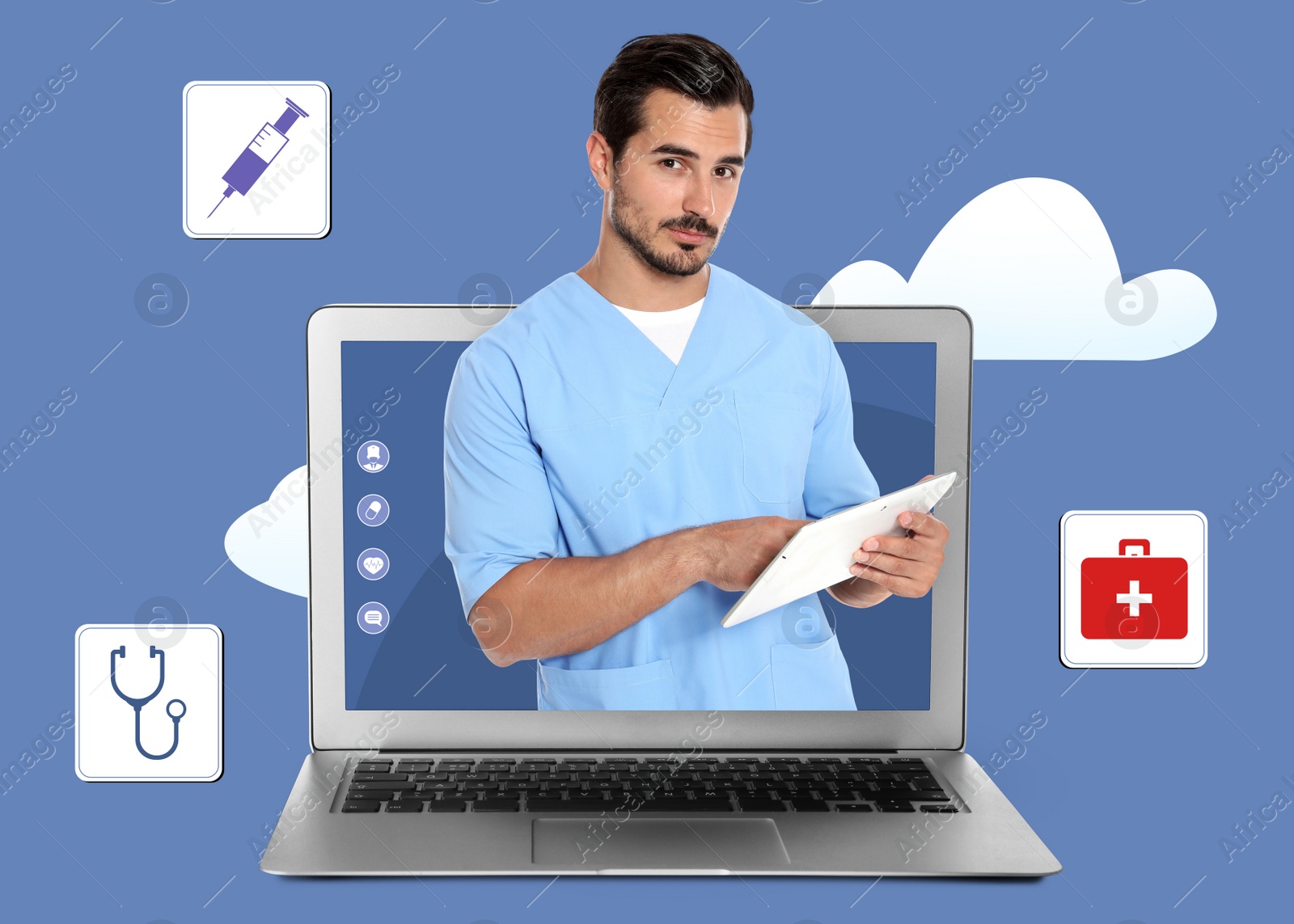 Image of Online medicine. Doctor and modern laptop on blue background