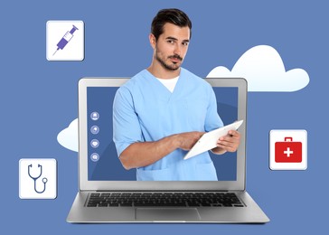 Online medicine. Doctor and modern laptop on blue background