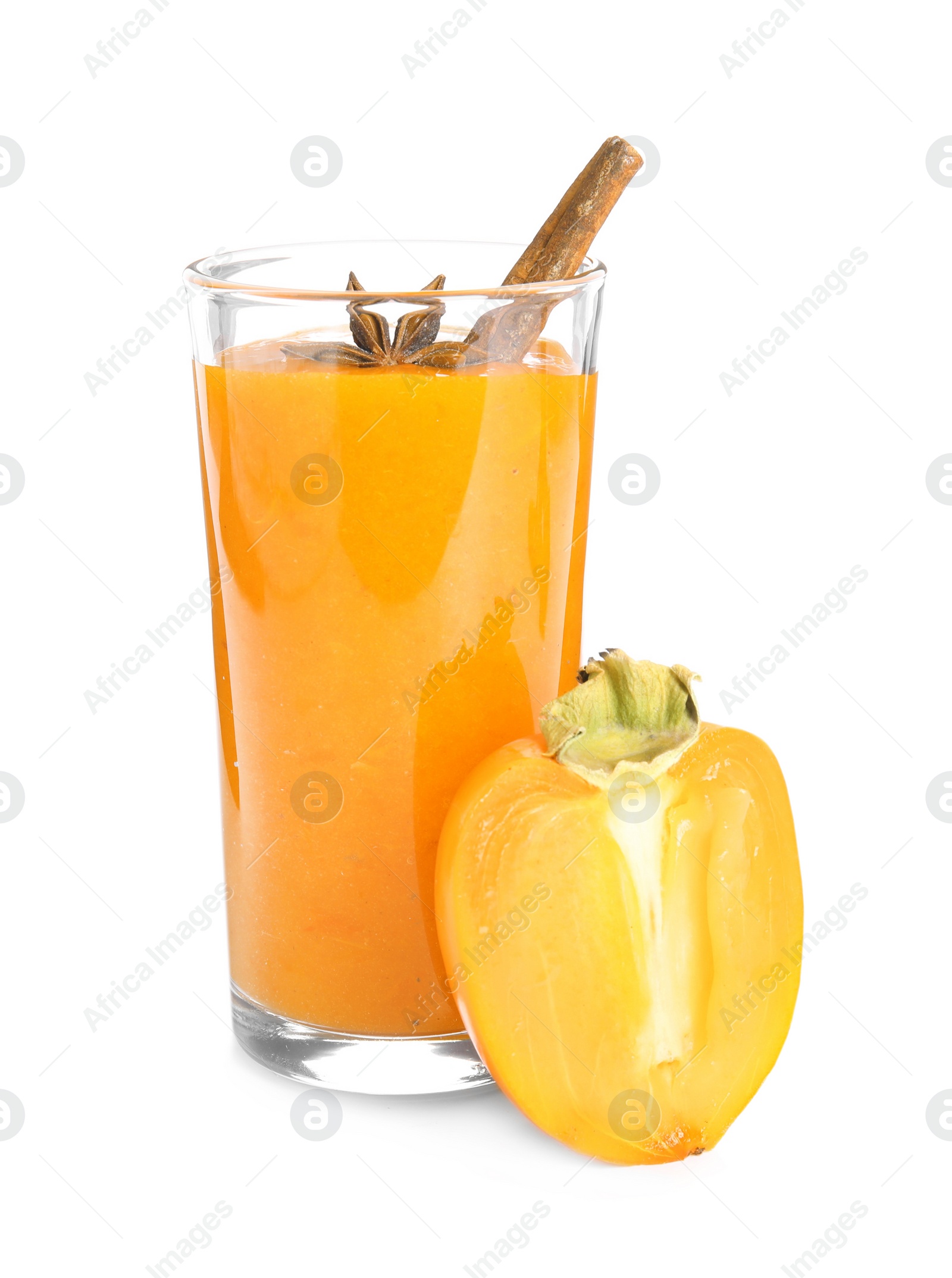 Photo of Tasty persimmon smoothie with anise and cinnamon isolated on white