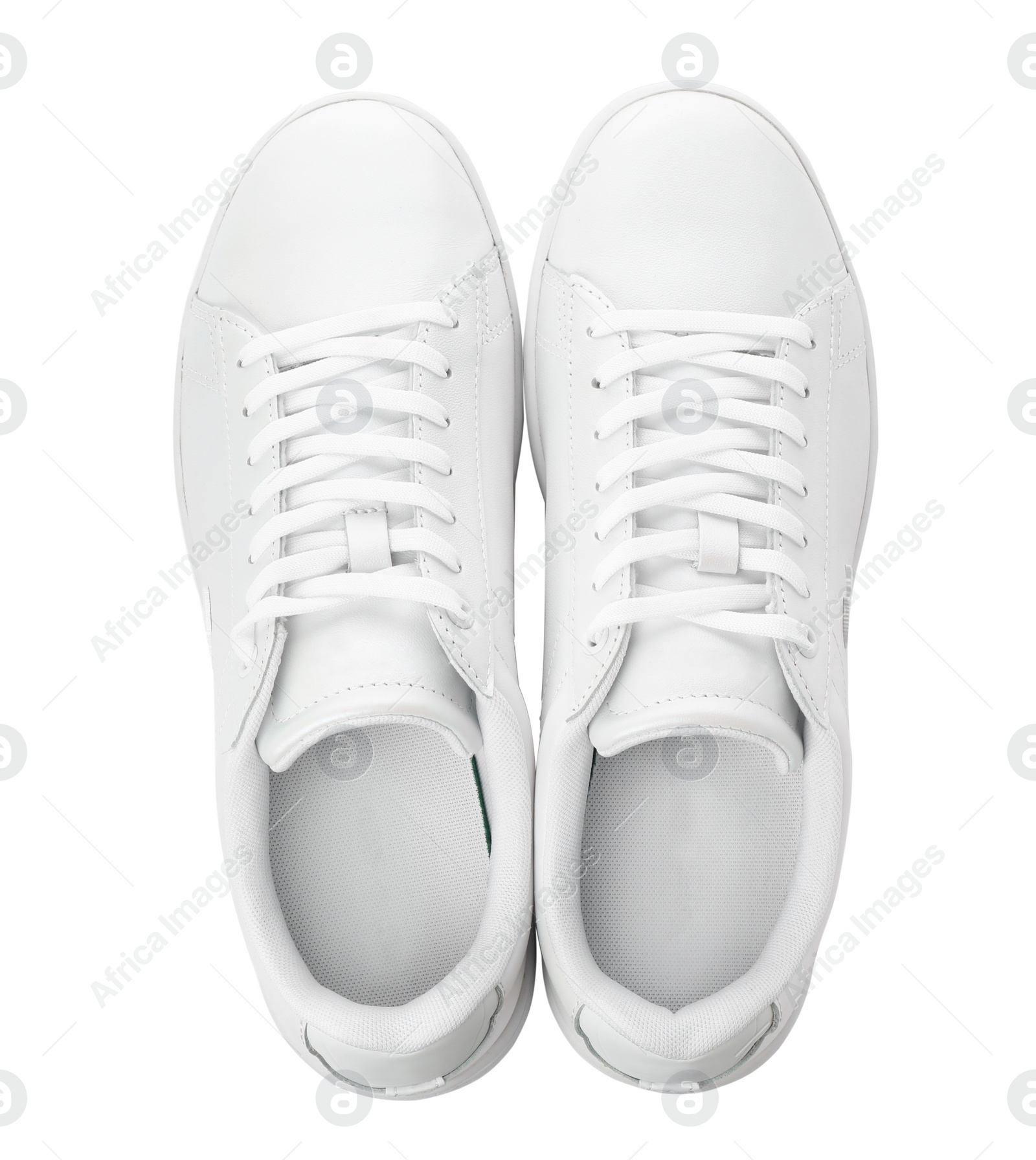 Photo of Pair of trendy sneakers on white background, top view