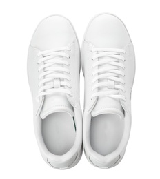 Photo of Pair of trendy sneakers on white background, top view