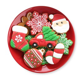 Photo of Different tasty Christmas cookies isolated on white, top view