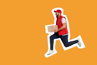 Image of Happy courier with parcel running on orange background, space for text