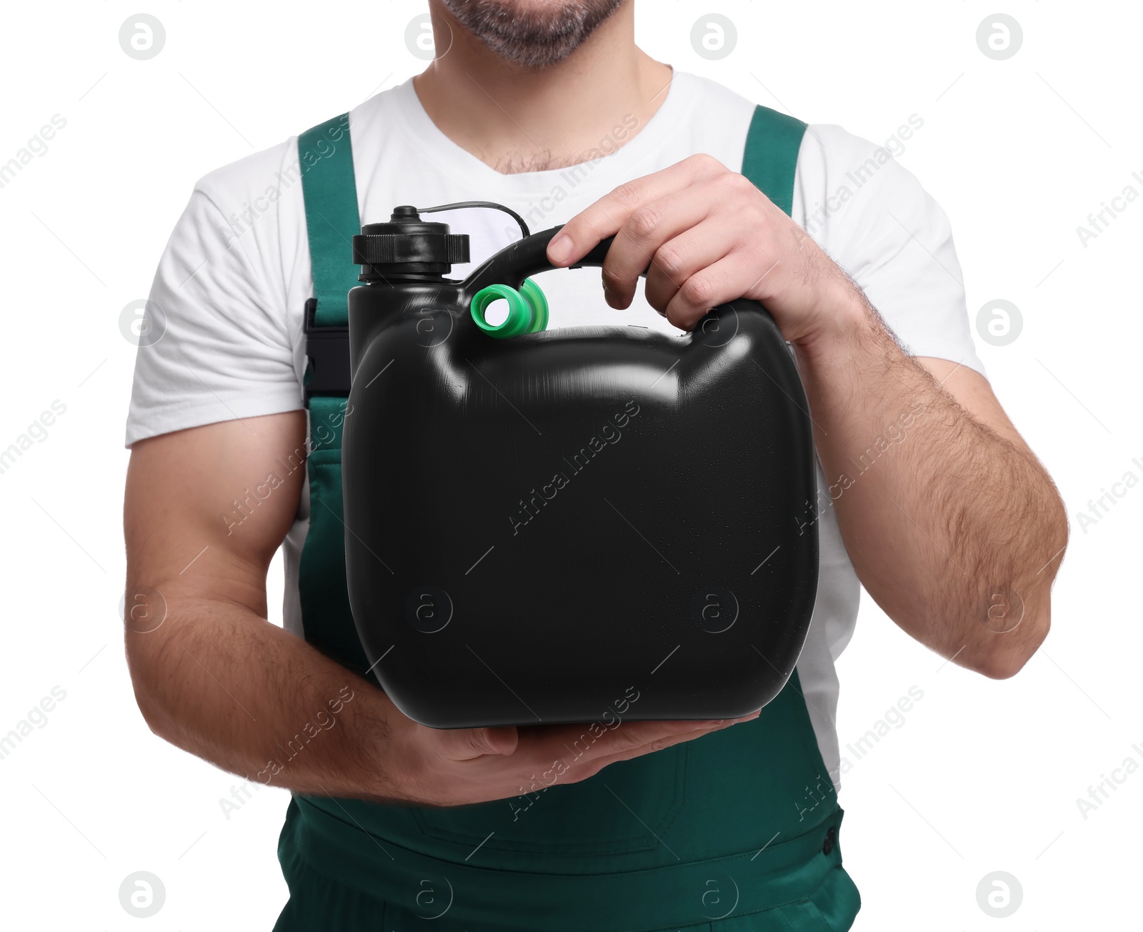 Photo of Man holding black canister on white background, closeup