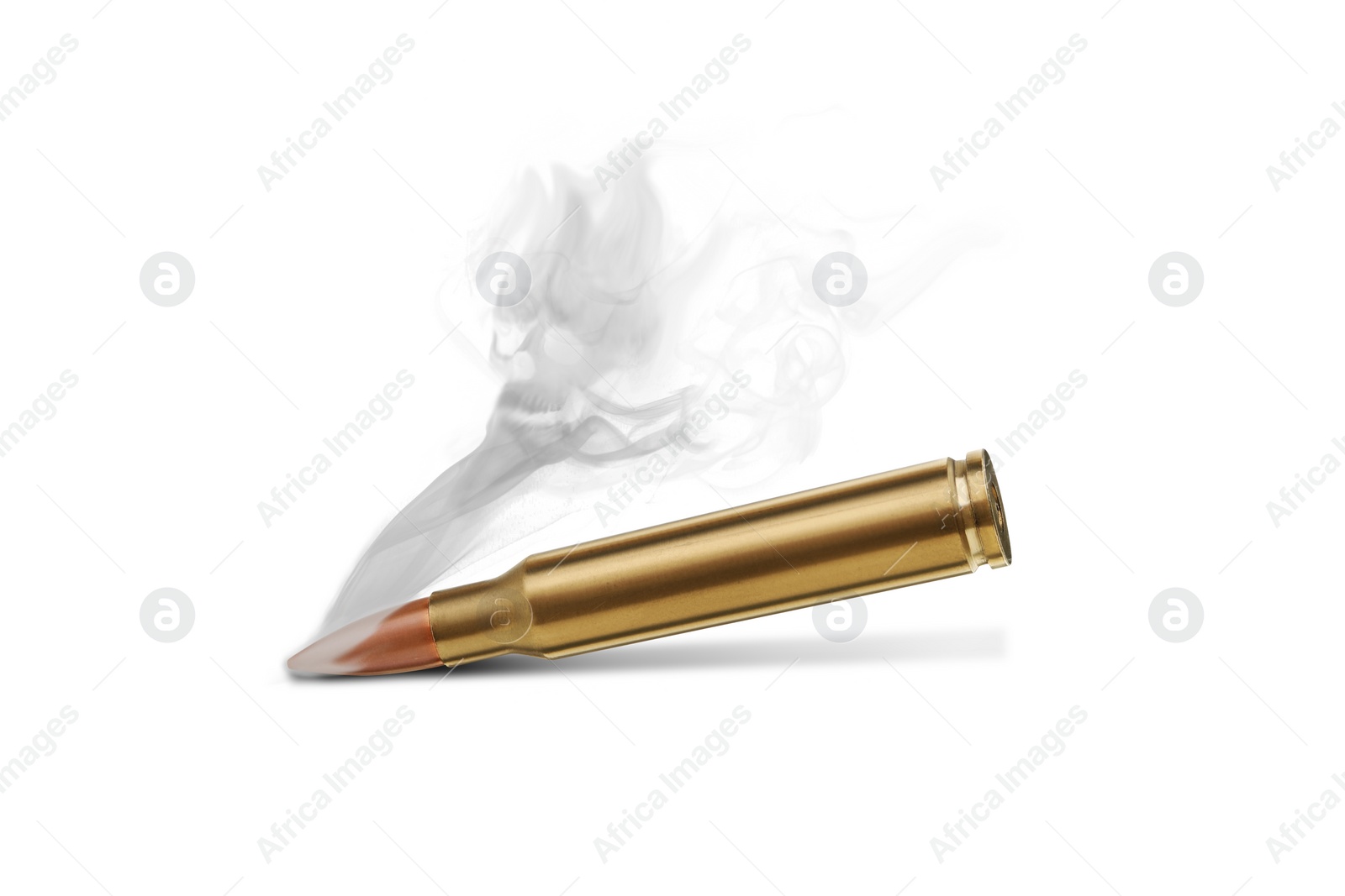 Image of Bullet with skull shaped smoke on white background