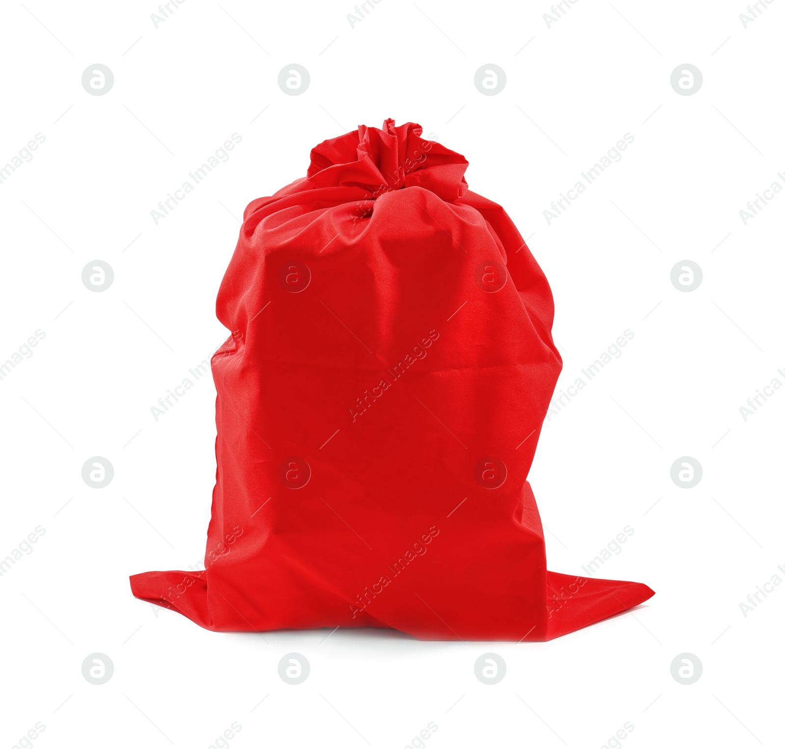 Photo of Santa Claus red bag full of presents on white background