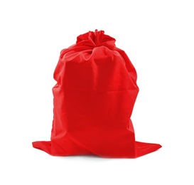 Photo of Santa Claus red bag full of presents on white background