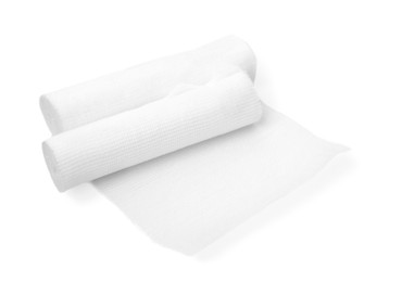Photo of Medical gauze bandage rolls on white background