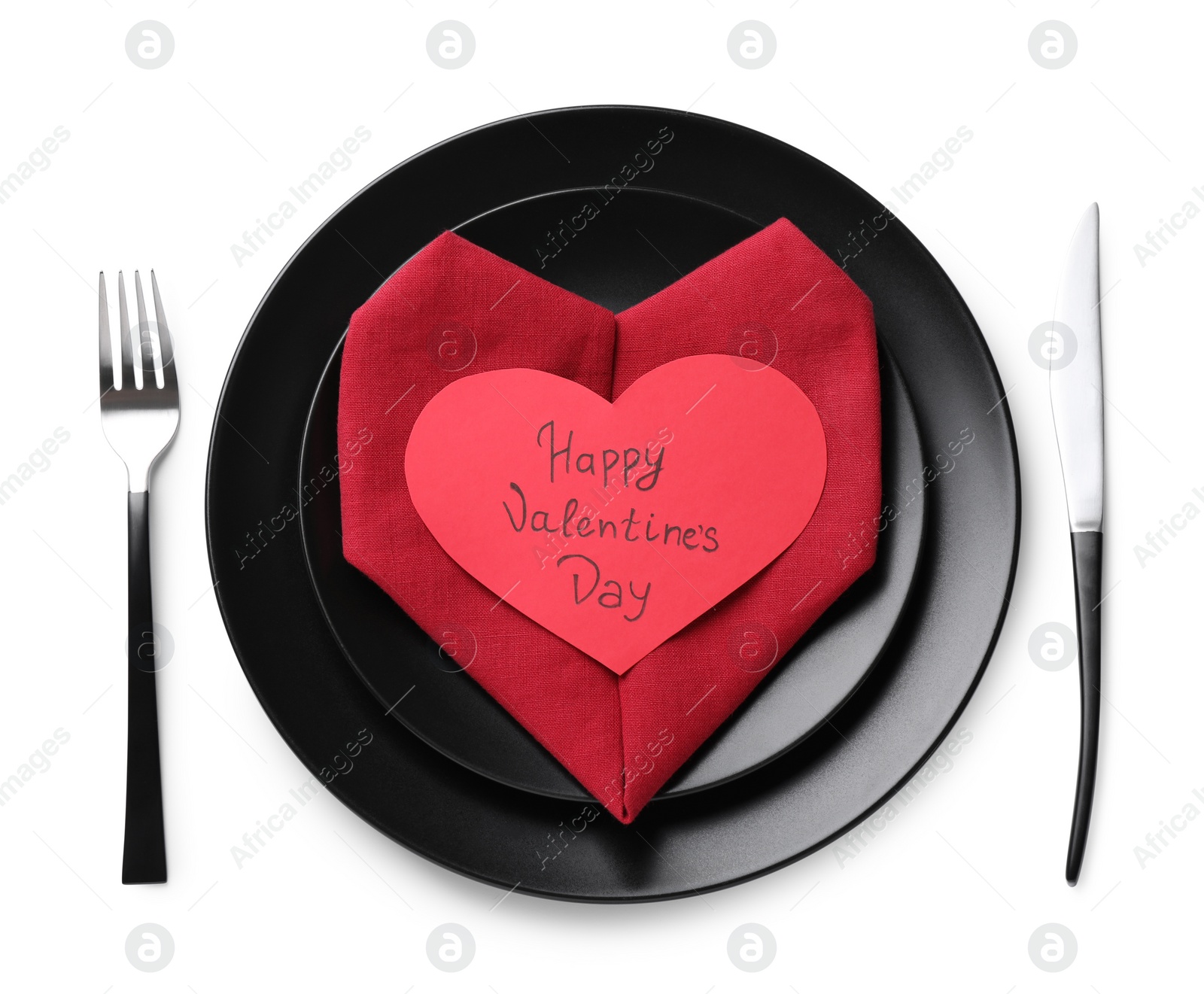 Photo of Elegant table setting with card on white background, top view. Valentine's Day celebration