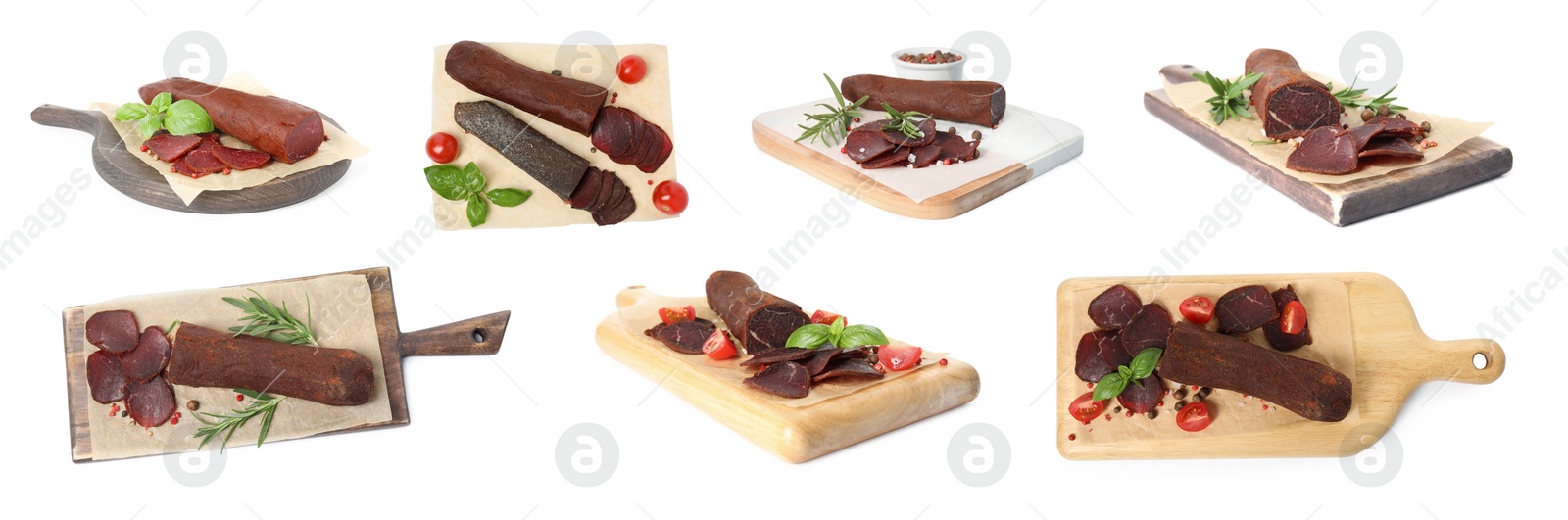 Image of Set with delicious dry-cured basturma on white background. Banner design