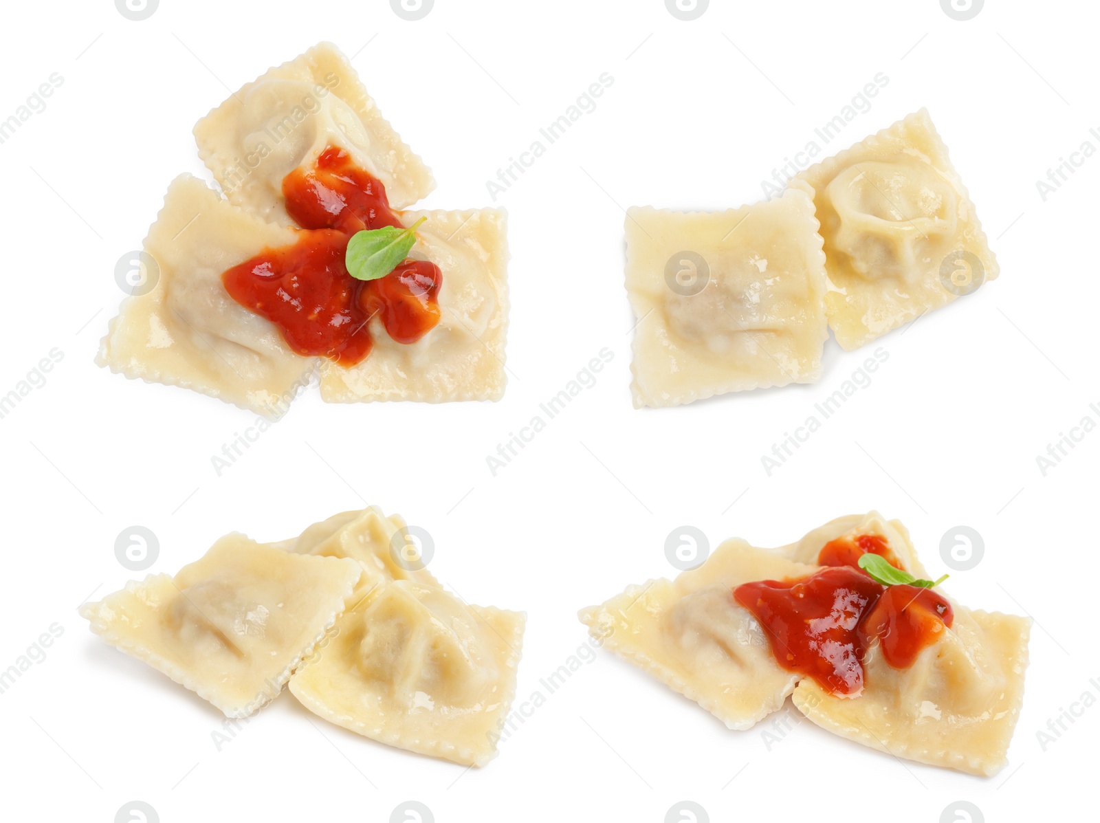 Image of Set of tasty ravioli with tomato sauce on white background