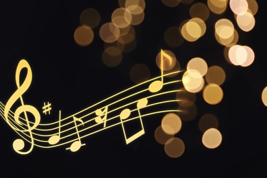 Music notes on dark background, bokeh effect