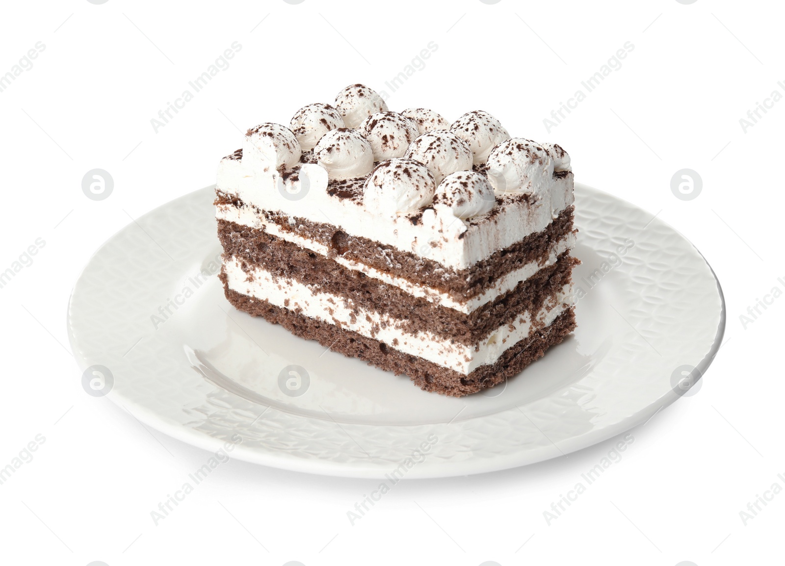 Photo of Plate of tiramisu cake isolated on white