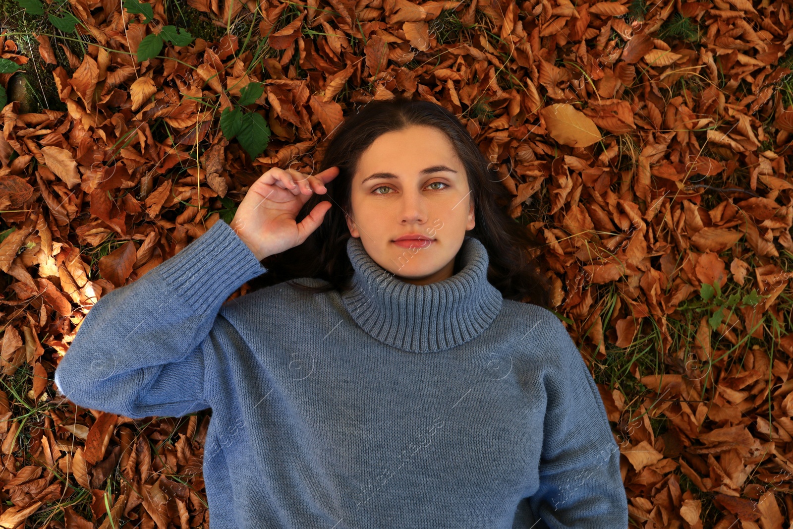 Photo of Portrait of beautiful young woman lying in autumn leaves, top view