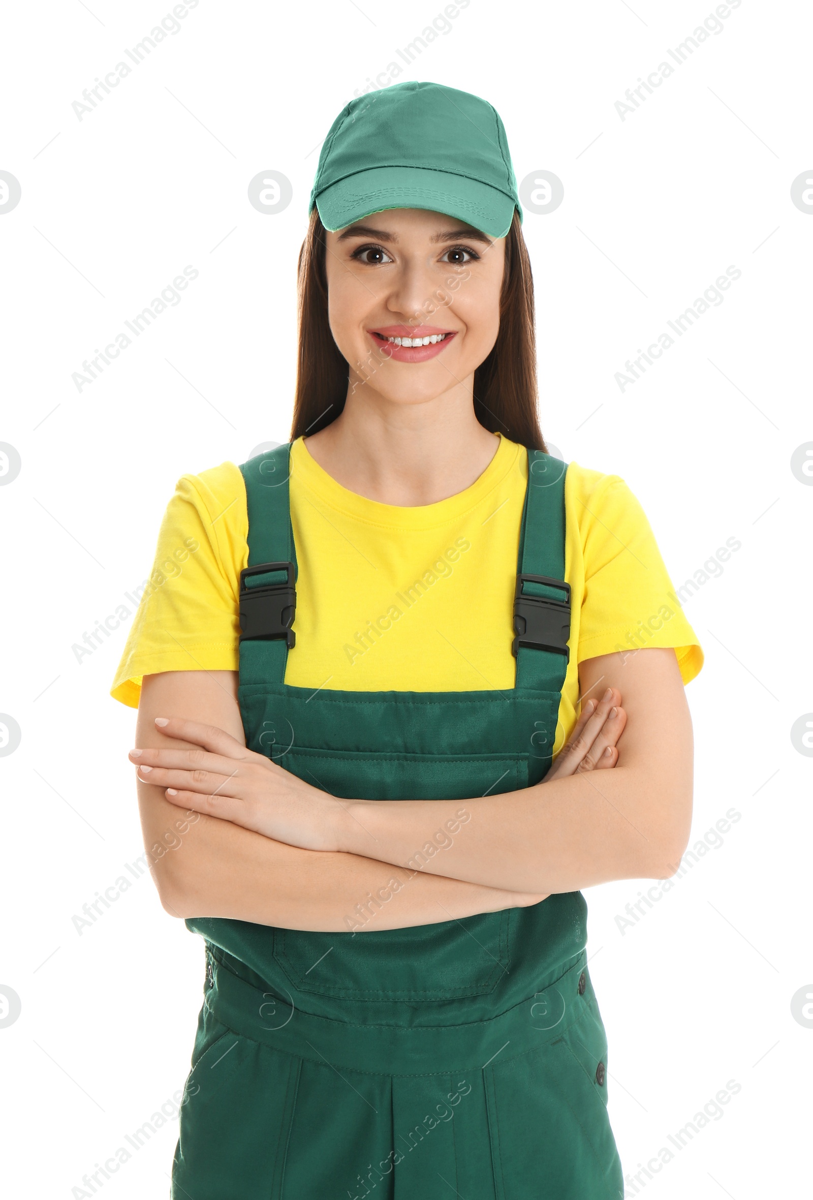 Photo of Portrait of professional auto mechanic on white background