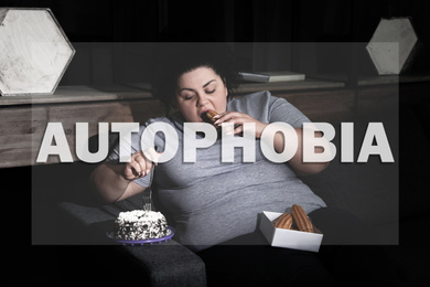 Image of Depressed overweight woman eating sweets on sofa at night. Autophobia - fear of isolation